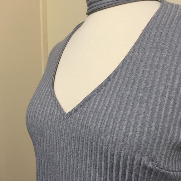 💥 CLEARANCE Choker Grey Ribbed Knit Bodycon Dress - Picture 3 of 5